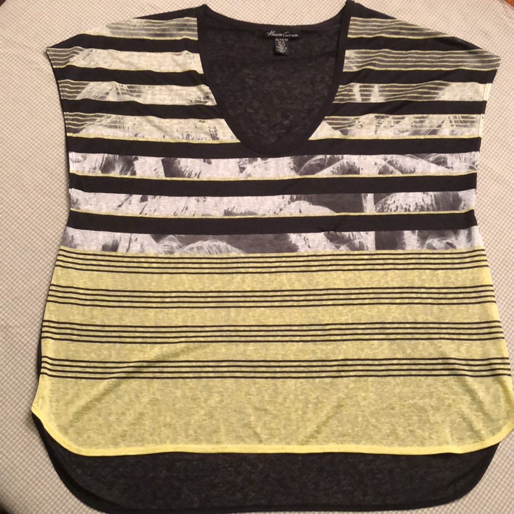 KENNETH COLE NEW YORK PATTERNED STRIPED SEMI-SHEER LONGER BACK SCOOP NECK - #366